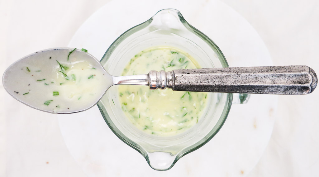 Drizzle this Herbed Crème Fraîche Dressing over my Smoked Salmon Benedict with Avocado